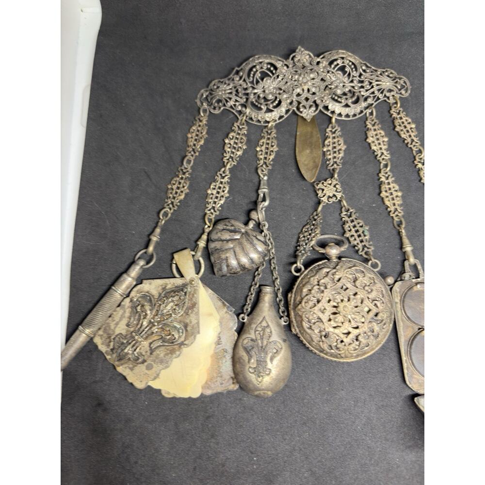 Rare Victorian Chatelaine 19C 7 Piece Scent Bottle Watch Powder Compact Notebook - Picture 7 of 13
